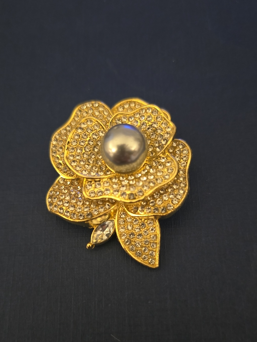 Gold Crystal Pave Flower Brooch with Pearl Center